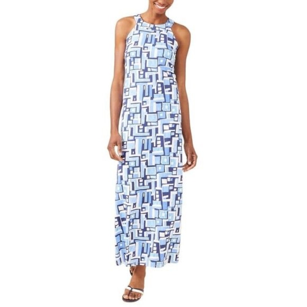 J.McLaughlin Edie Halter Maxi Dress Blue White Geometric‎ Trapeze Sleeveless L